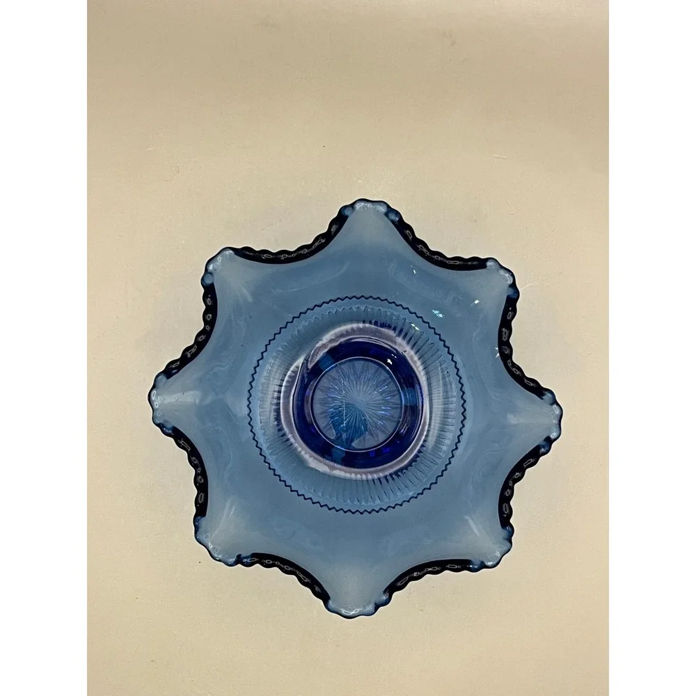 Vtg Cobalt Blue Glass Ruffled Footed Bowl Beaded Edge Candy Nut Dish 5.25